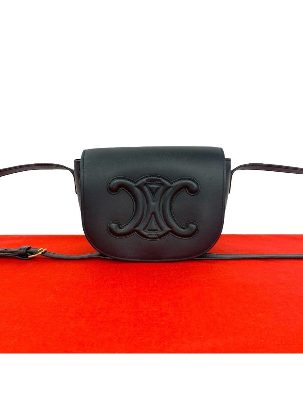 Celine Folco Triomphe Logo Leather Shoulder Bag Pochette Cross Black